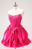 Fuchsia A Line Strapless Corset Short Prom Dress With Bows