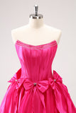 Fuchsia A Line Strapless Corset Short Prom Dress With Bows