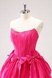 Fuchsia A Line Strapless Corset Short Prom Dress With Bows