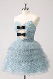 Blue A Line Tiered Dotted Strapless Prom Dress with Bows