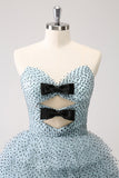 Blue A Line Tiered Dotted Strapless Prom Dress with Bows