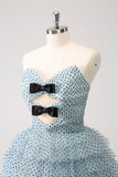 Blue A Line Tiered Dotted Strapless Prom Dress with Bows