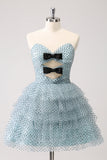 Blue A Line Tiered Dotted Strapless Prom Dress with Bows