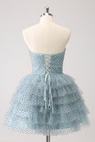 Blue A Line Tiered Dotted Strapless Prom Dress with Bows