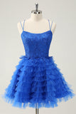 Elegant Blue A Line Spaghetti Straps Tulle Prom Dress with Ruffles