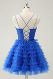 Blue A Line Spaghetti Straps Tulle Cute Prom Dress with Ruffles