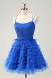 Blue A Line Spaghetti Straps Tulle Cute Prom Dress with Ruffles