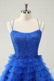 Blue A Line Spaghetti Straps Tulle Cute Prom Dress with Ruffles