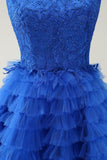 Blue A Line Spaghetti Straps Tulle Cute Prom Dress with Ruffles