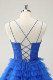 Blue A Line Spaghetti Straps Tulle Cute Prom Dress with Ruffles