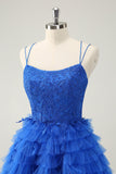 Blue A Line Spaghetti Straps Tulle Cute Prom Dress with Ruffles