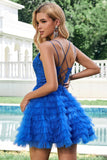 Elegant Blue A Line Spaghetti Straps Tulle Prom Dress with Ruffles