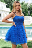 Elegant Blue A Line Spaghetti Straps Tulle Prom Dress with Ruffles