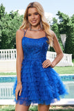 Elegant Blue A Line Spaghetti Straps Tulle Prom Dress with Ruffles