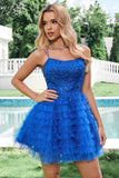 Elegant Blue A Line Spaghetti Straps Tulle Prom Dress with Ruffles