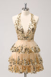 Sparkly Gold A Line Halter Tiered Backless Short Prom Dress with Sequins