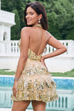 Sparkly Gold A Line Halter Tiered Backless Short Prom Dress with Sequins