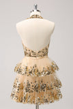 Sparkly Gold A Line Halter Tiered Backless Short Prom Dress with Sequins