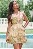 Sparkly Gold A Line Halter Tiered Backless Short Prom Dress with Sequins