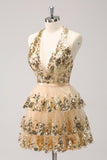 Sparkly Gold A-Line Halter Tiered Sequined Backless Short Prom Dress