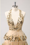 Sparkly Gold A-Line Halter Tiered Sequined Backless Short Prom Dress