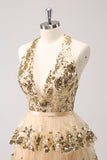 Sparkly Gold A-Line Halter Tiered Sequined Backless Short Prom Dress