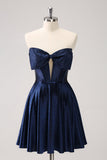 Sparkly Navy Beaded Corset Hollow Out Short Prom Dress With Bow