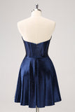 Sparkly Navy Beaded Corset Hollow Out Short Prom Dress With Bow