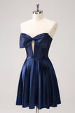 Sparkly Navy Beaded Corset Hollow Out Short Prom Dress With Bow