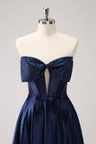 Sparkly Navy Beaded Corset Hollow Out Short Prom Dress With Bow