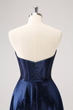 Sparkly Navy Beaded Corset Hollow Out Short Prom Dress With Bow