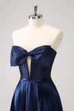 Sparkly Navy Beaded Corset Hollow Out Short Prom Dress With Bow