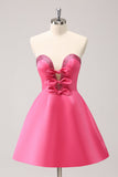 Sparkly Fuchsia A-Line Beaded Strapless Prom Dress with Bows