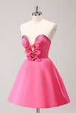 Sparkly Fuchsia A-Line Beaded Strapless Prom Dress with Bows