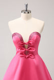 Sparkly Fuchsia A-Line Beaded Strapless Prom Dress with Bows