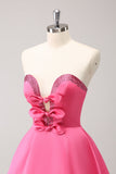 Sparkly Fuchsia A-Line Beaded Strapless Prom Dress with Bows