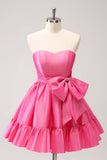 Fuchsia A-Line Strapless Ruffle Short Prom Dress with Bow