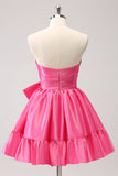 Fuchsia A-Line Strapless Ruffle Short Prom Dress with Bow