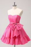 Fuchsia A-Line Strapless Ruffle Short Prom Dress with Bow