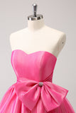 Fuchsia A-Line Strapless Ruffle Short Prom Dress with Bow