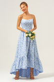 Blue Floral Strapless A-Line High Low Printed Bridesmaid Dress