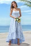 Blue Strapless A-Line Floral Printed Bridesmaid Dress