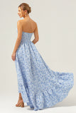 Blue Floral Strapless A-Line High Low Printed Bridesmaid Dress