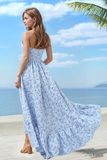 Blue Strapless A-Line Floral Printed Bridesmaid Dress