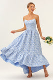 Blue Floral Strapless A-Line High Low Printed Bridesmaid Dress