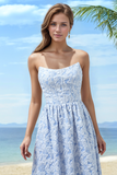 Blue Strapless A-Line Floral Printed Bridesmaid Dress