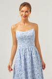 Blue Floral Strapless A-Line High Low Printed Bridesmaid Dress