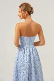 Blue Floral Strapless A-Line High Low Printed Bridesmaid Dress