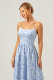 Blue Floral Strapless A-Line High Low Printed Bridesmaid Dress