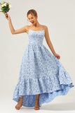 Blue Floral Strapless A-Line High Low Printed Bridesmaid Dress